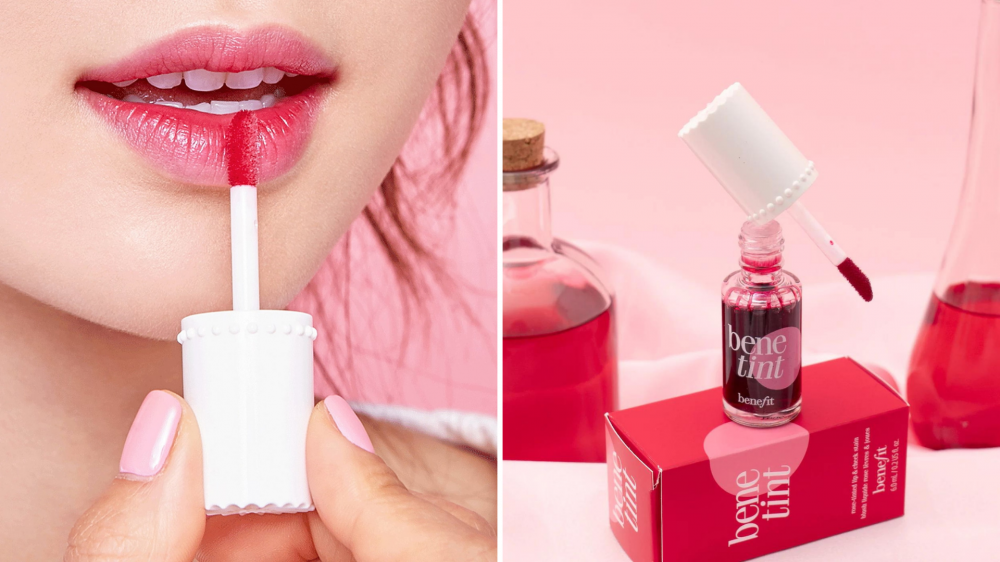 a person applies a lip tint, and a bottle of lip tint sits on a box of packaging.