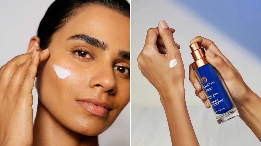 A woman applies cream to her face, and a person puts cream on their hand.