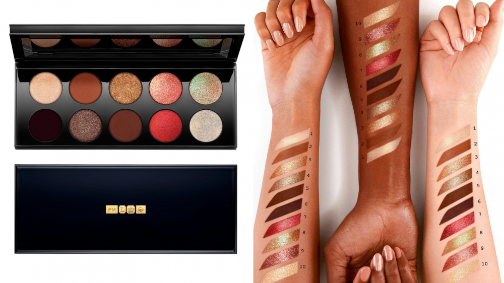 Swatches of eyeshadows are placed on three different arms with different skin tones.