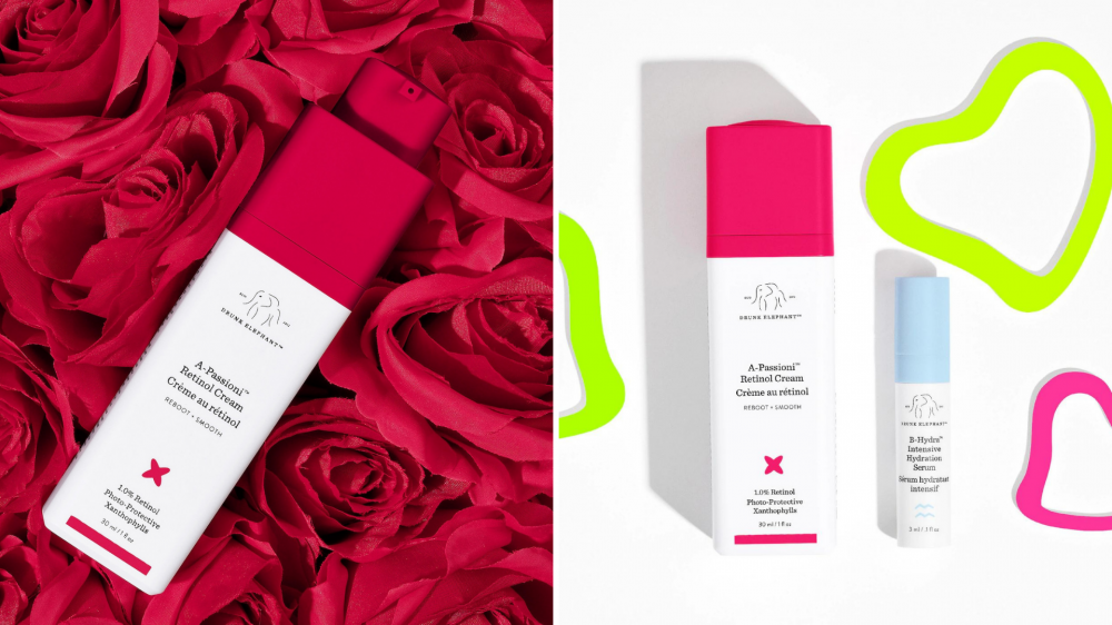 A bottle of retinol cream sits on a bed of roses.