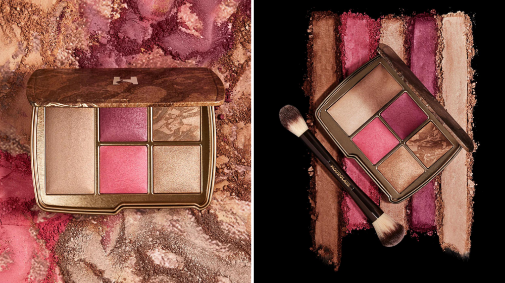 A palette features four square blush colors and a rectangularly shaped highlight powder.