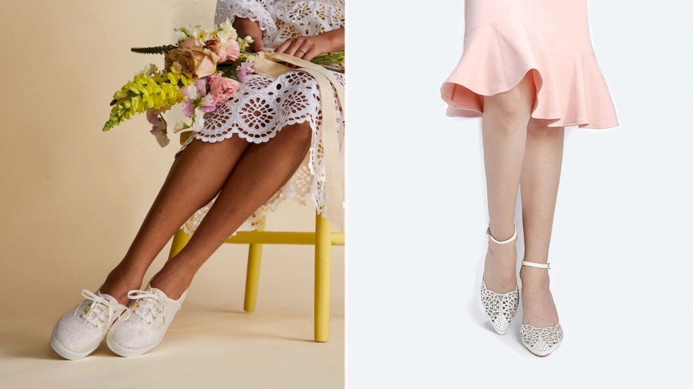 A woman in a short white dress wearing embroidered sneakers; a woman in a pink skirt wearing sparkly heels