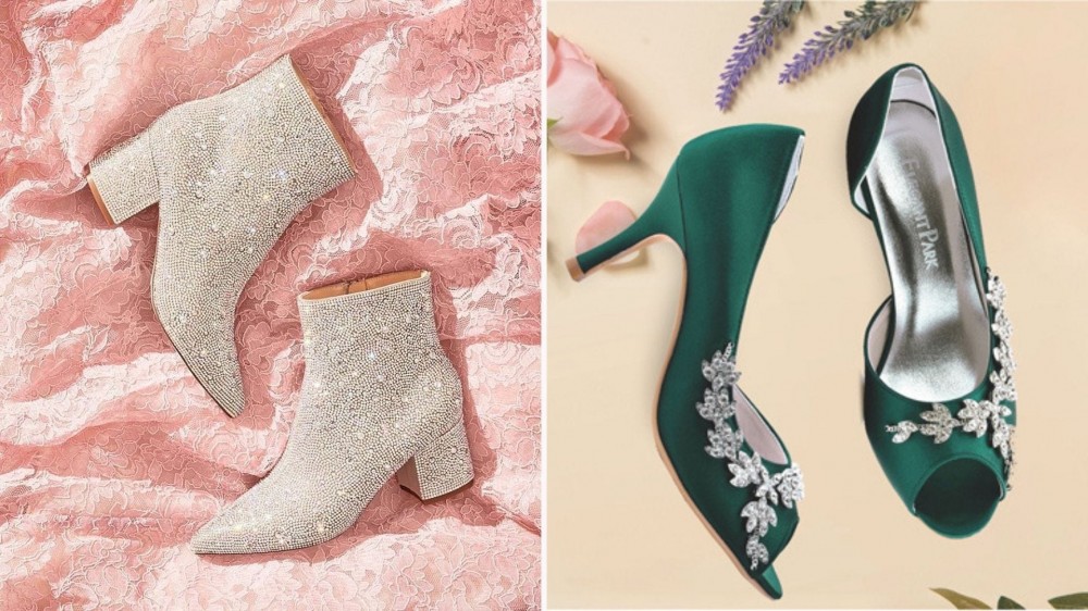 A pair of silver rhinestone booties on a pink background; a pair of emerald green pumps