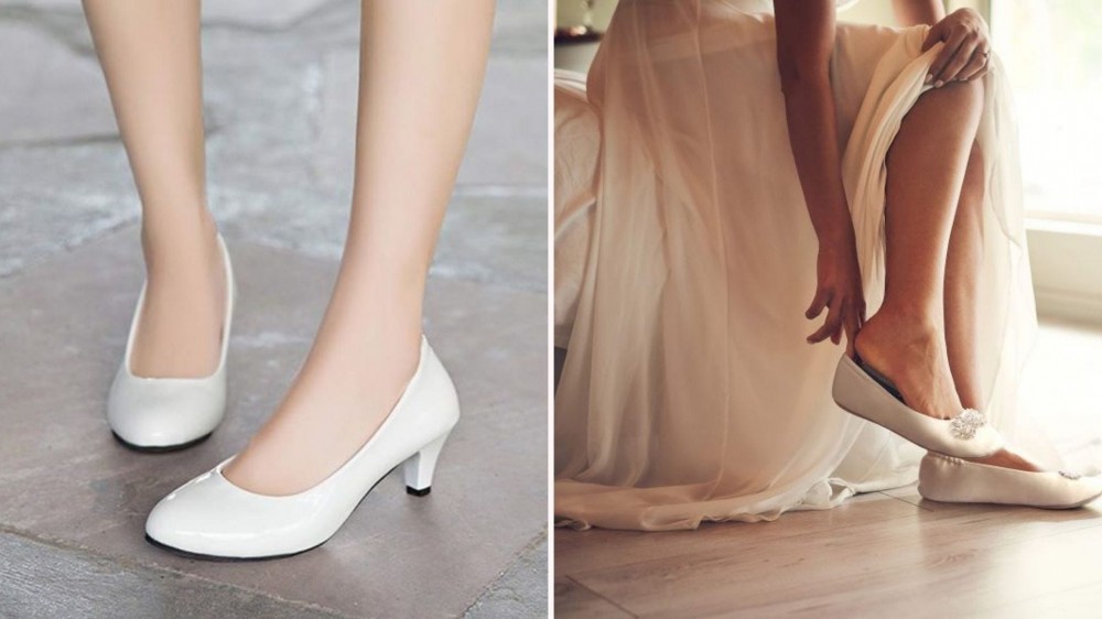 A woman wearing white pumps and a woman putting on white slippers. 