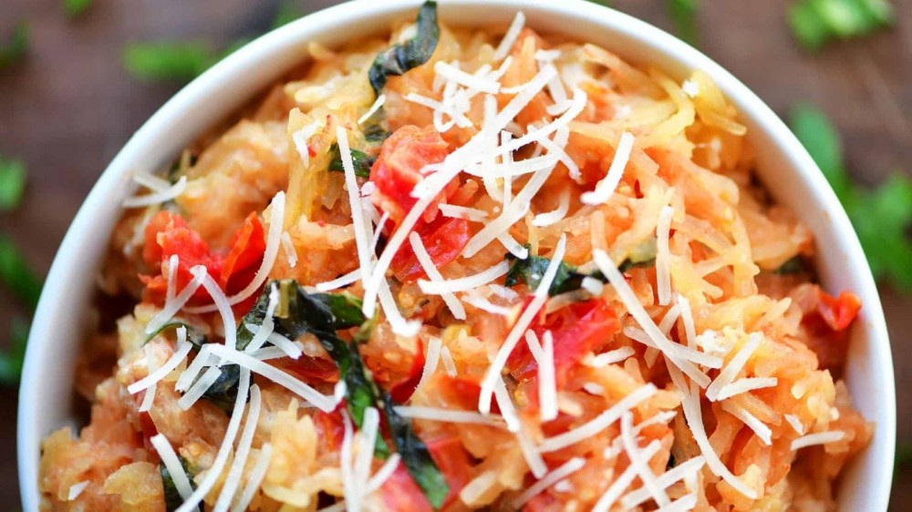 A bowl full of Tomato Basil Spaghetti Squash.