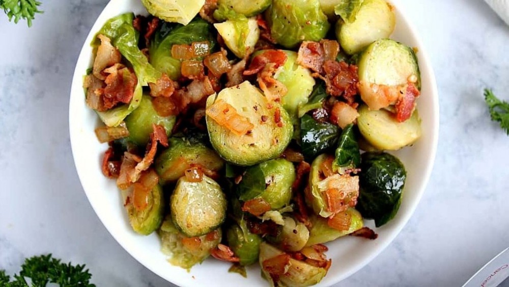 A plate of Bacon Brussels Sprouts.