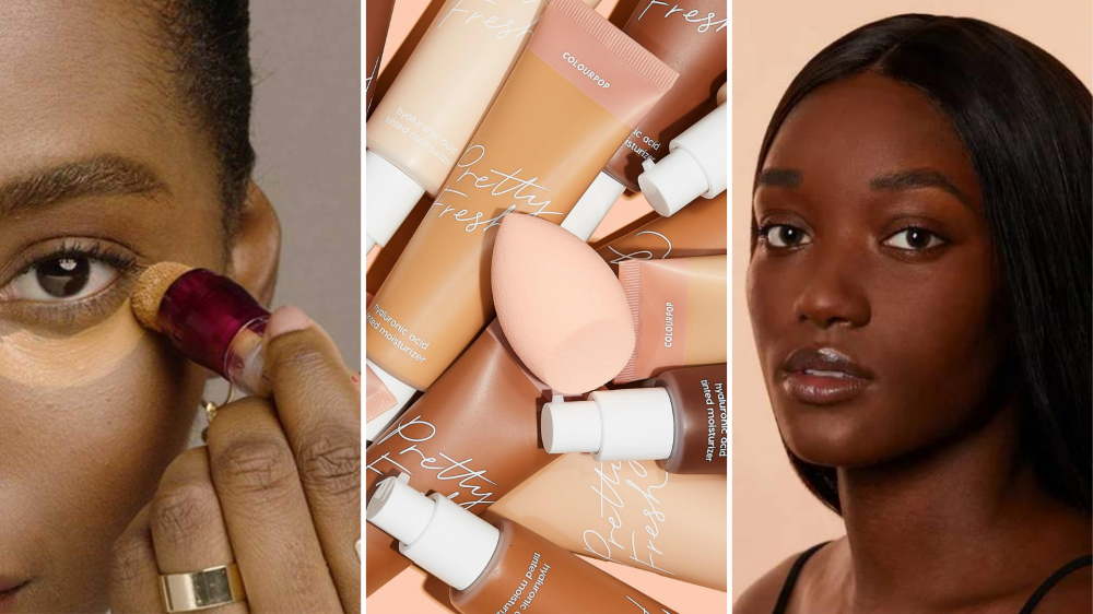 A woman applies concealer, tubes of foundation are in a pile, and a woman wears foundation.