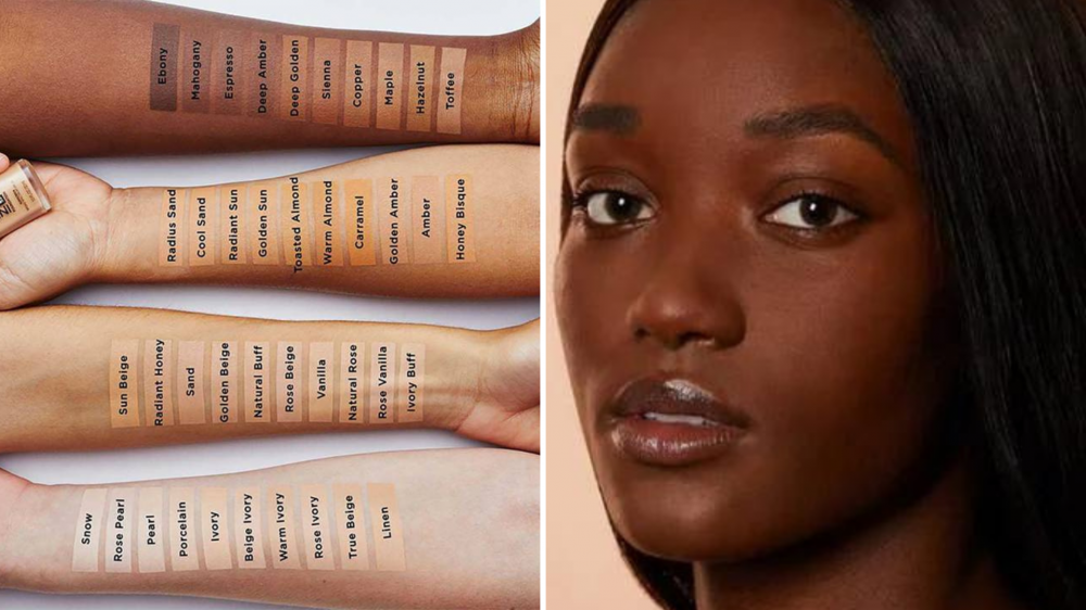 Swatches of makeup are displayed on four arms with different skin tones, and a woman wears foundation.