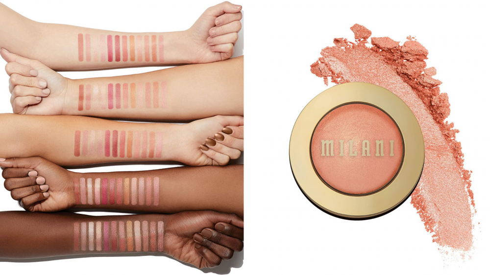 Four different skin tones are swatched with shades of blush.