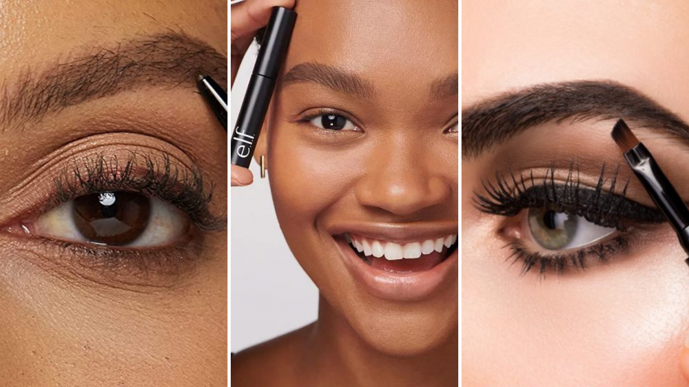 Two women apply brow products and another holds a product up to her face.