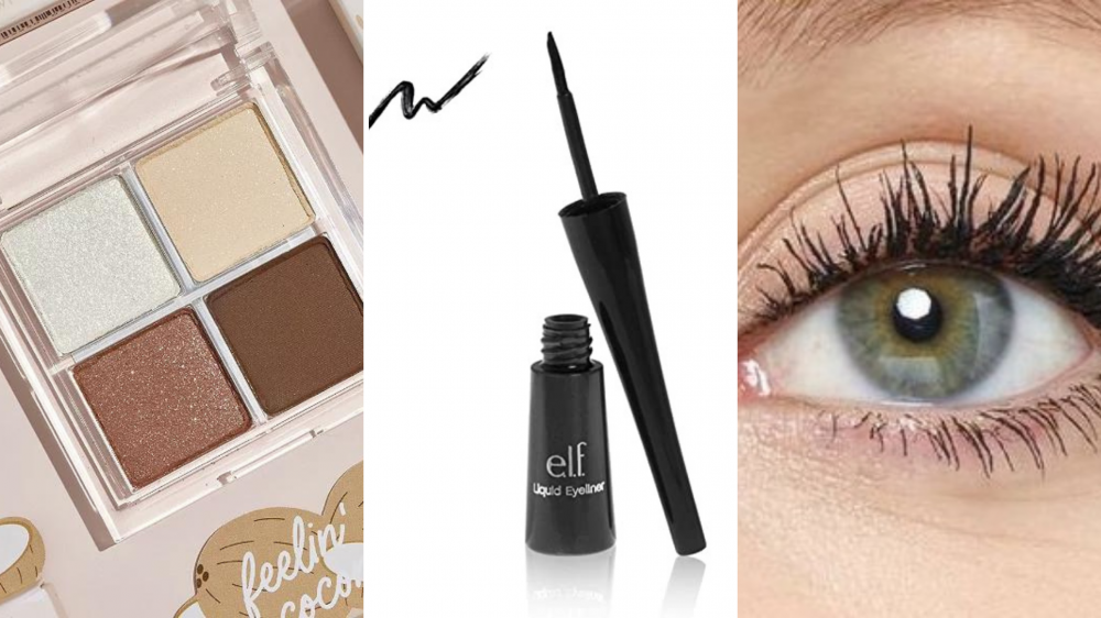 A four pan eyeshadow palette, a container or liquid eyeliner, and a person wearing mascara.