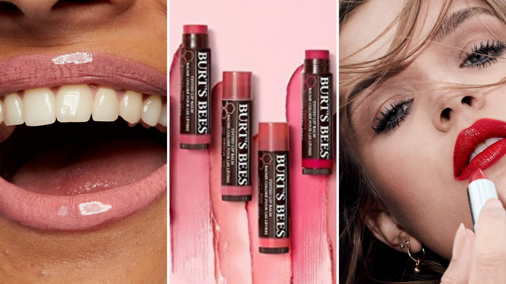 A woman smiles, lip balms are lined up according to color, and a woman applies lipstick.