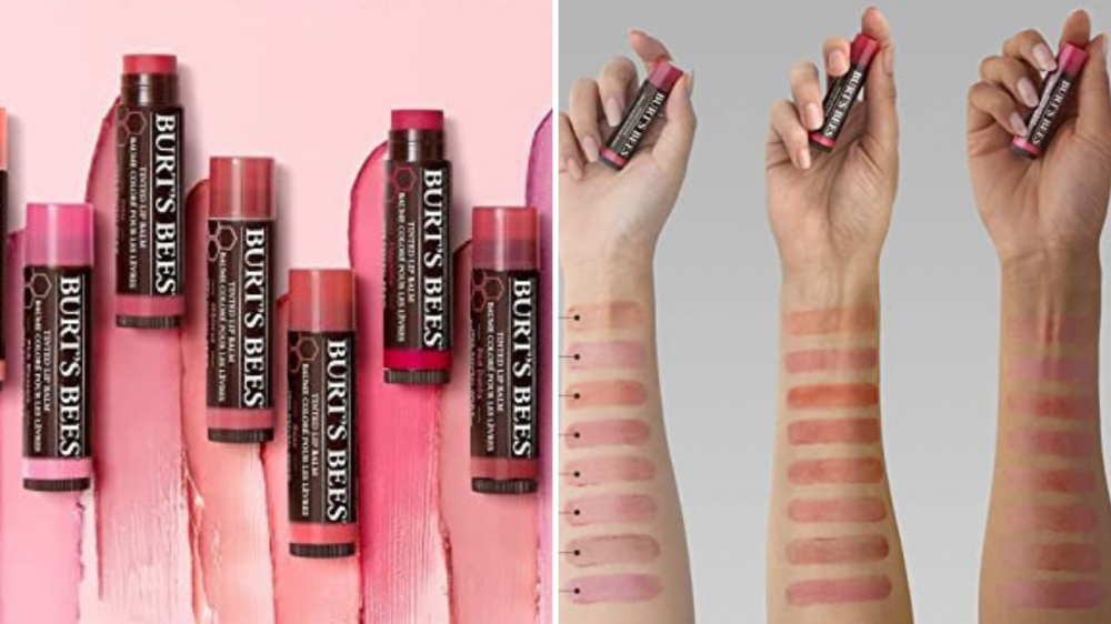 Lip balms are lined up based on shade and swatched on different arms.