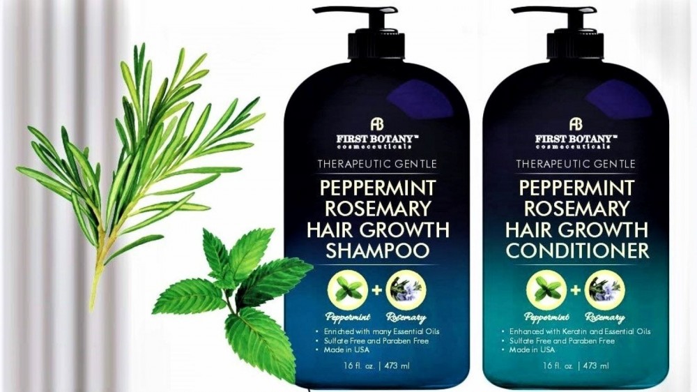 Two bottles of Peppermint Rosemary Hair Growth Shampoo and Conditioner.