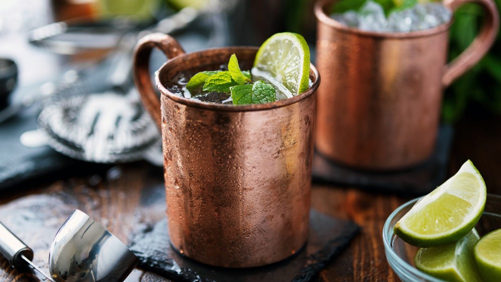 Moscow mule cocktail in copper mug.