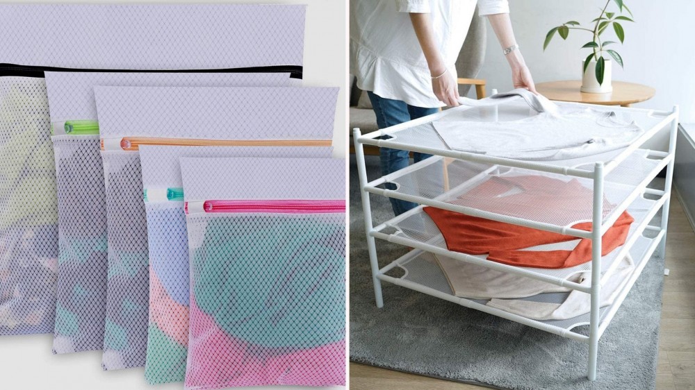 Laundry in mesh bags; sweaters laid out on a mesh drying rack in a living room