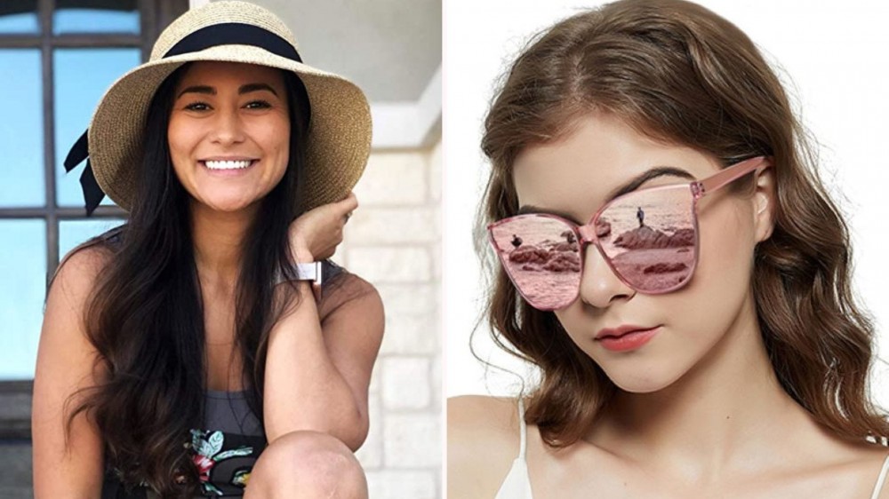 A woman wearing a wide-brimmed sun hat and a woman wearing polarized cat-eye sunglasses. 