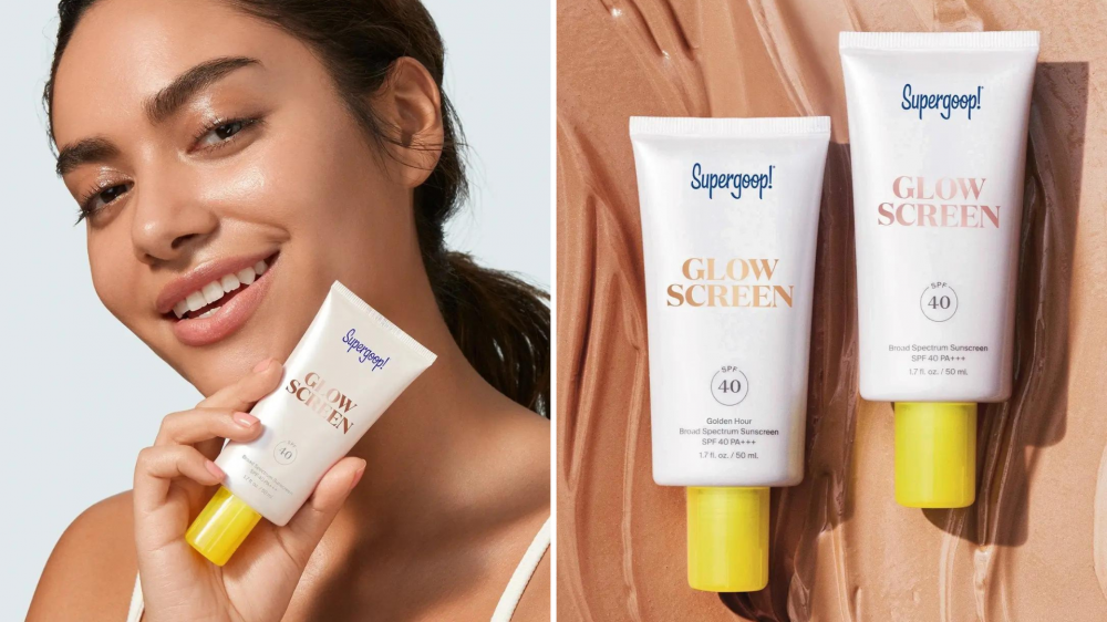 A woman holds up a package of sunscreen, and two packages of sunscreen sit against a swatch of the product.