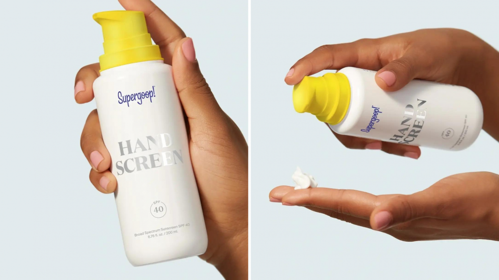 A person holds up a bottle of hand sunscreen, and a person pumps hand sunscreen onto their fingertips.