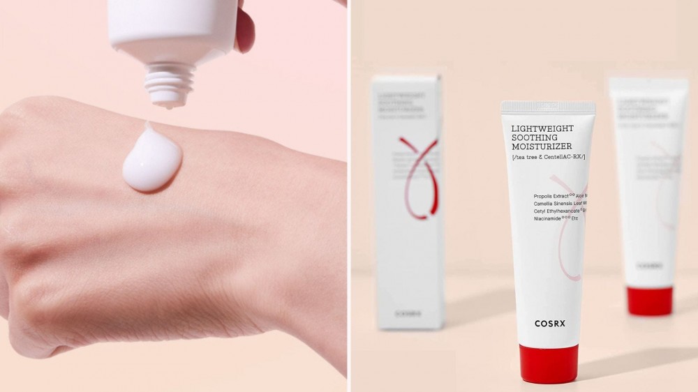 A white tube squeezing white cream on the back of a hand; three white and red tubes of moisturizer