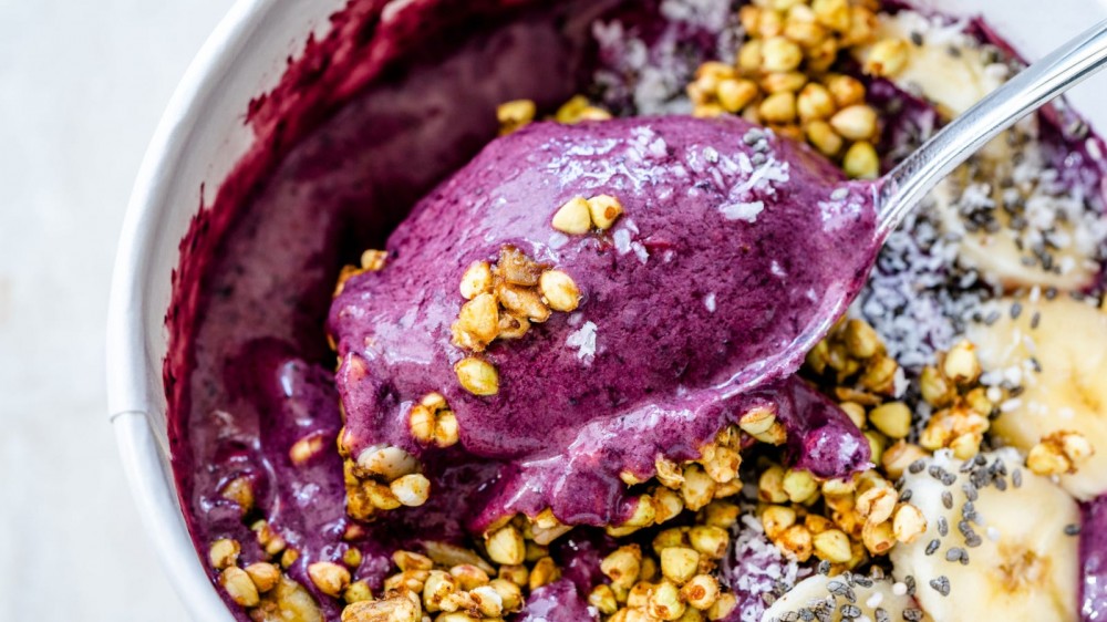 Close up of a colorful smoothie bowl.