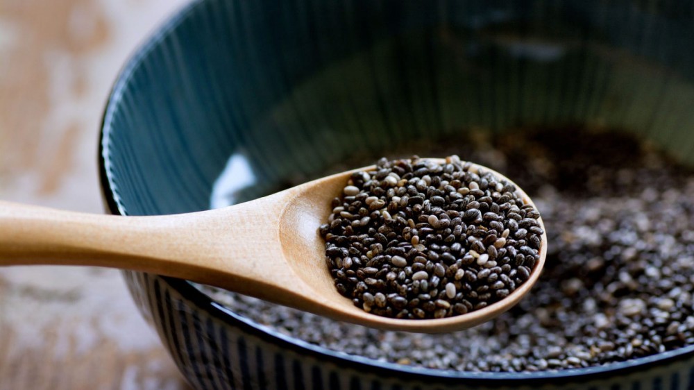 Chia seeds close up on a spoon.