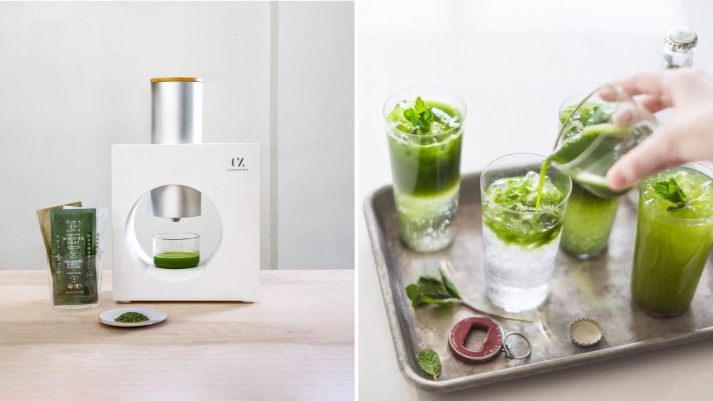 A Cuzen matcha maker and several glasses of matcha lattes