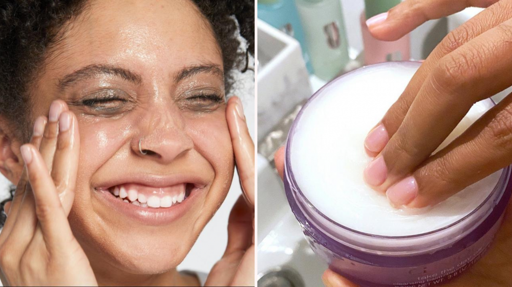 A woman uses cleansing balm to remove makeup.