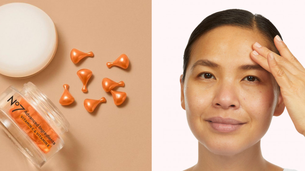 Individual capsules of skin care are scattered across a counter, and a woman applies skin care to her forehead.