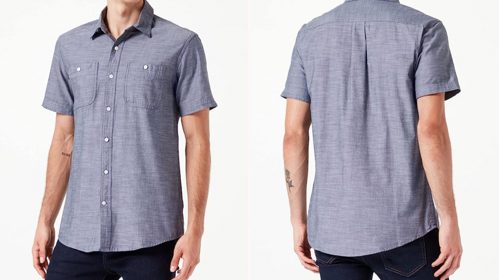 Slim man modeling short-sleeved gray chambray shirt