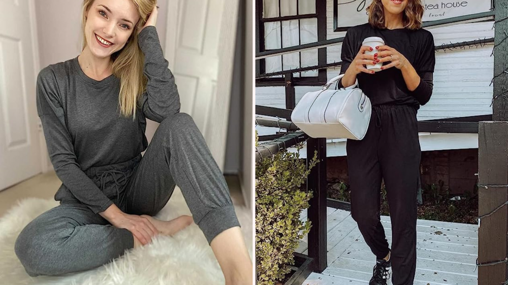 Woman sitting on floor wearing gray tracksuit/woman running errands with a bag and cup of coffee wearing black tracksuit