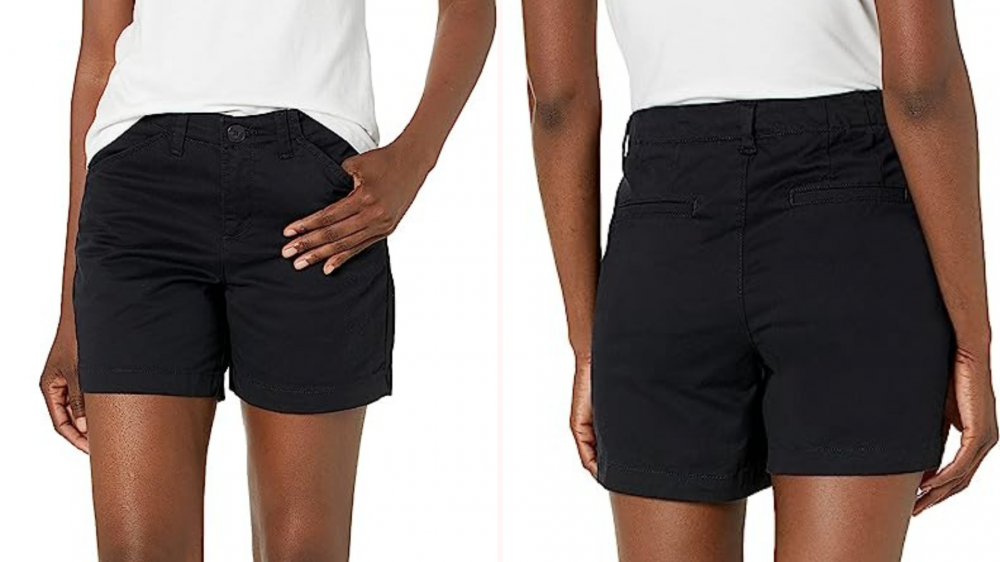 Woman modeling black chino shorts