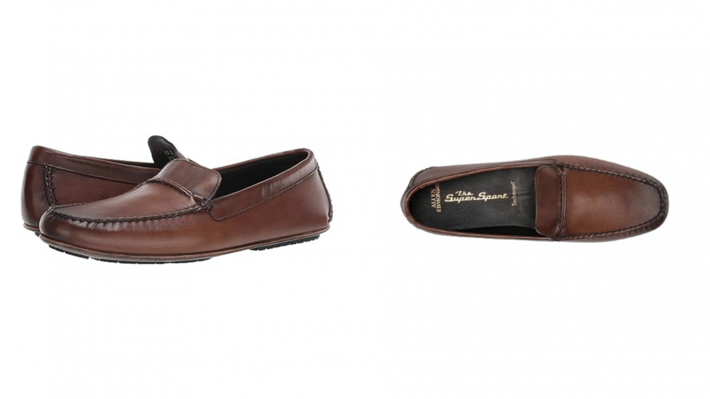 A pair of men's loafers is made of brown leather and features rouched detailing along the top.