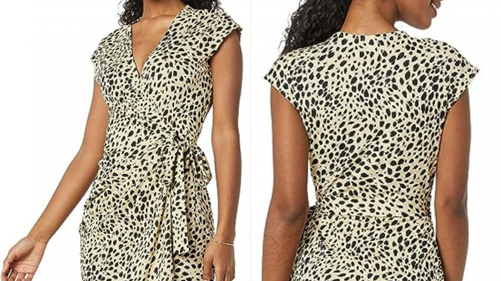 Woman wearing cheetah print wrap dress