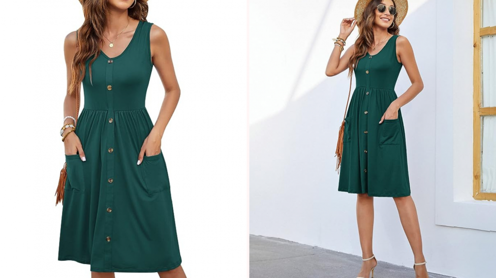 Woman wearing green button-up sundress