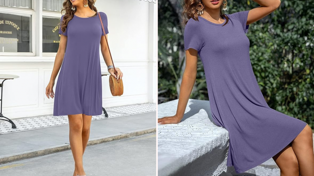 Woman wearing a purple swing t-shirt dress