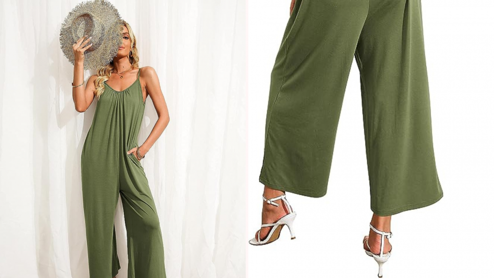 Woman wearing olive green loose jumpsuit