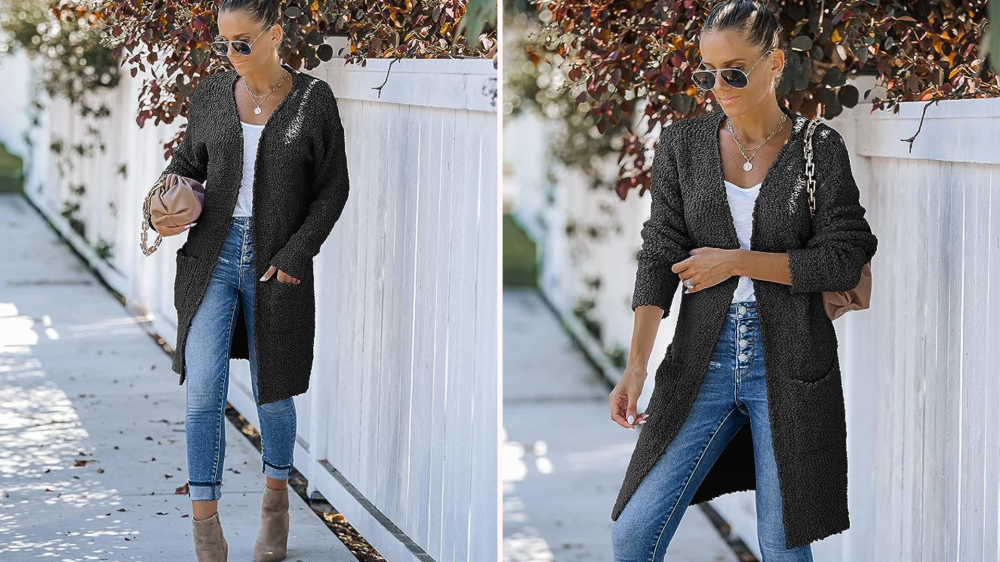 Woman in jeans and chunky cardigan sweater