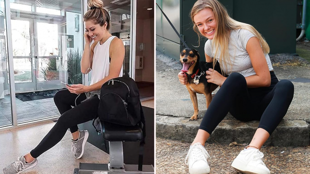 Woman looking at phone on workout bench/woman wearing t-shirt and leggings smiling with her dog