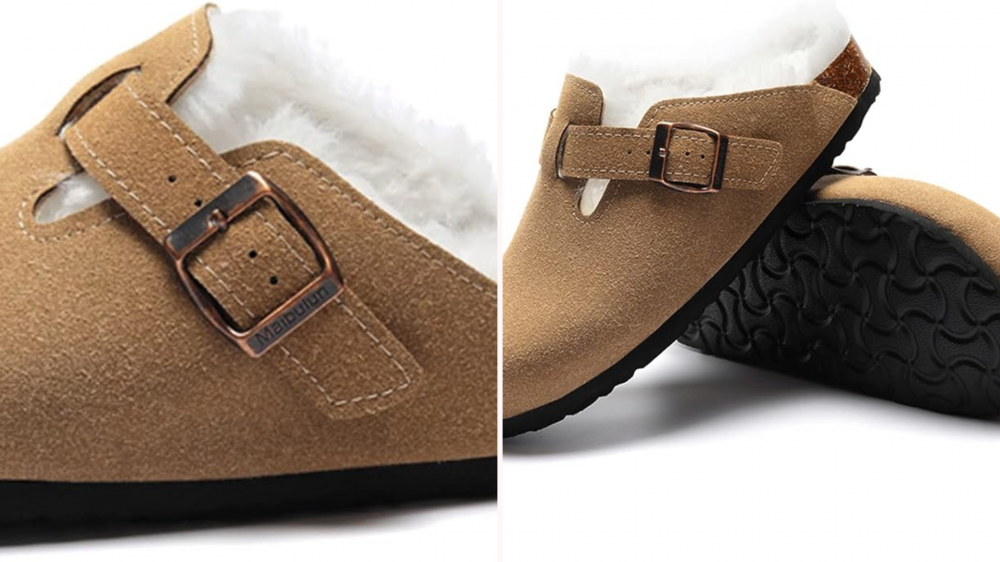 Brown fuzzy Birkenstock-style clogs