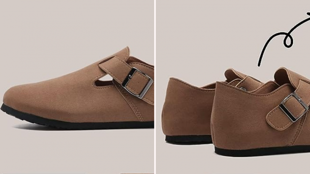 Closed tan Birkenstock-style clogs