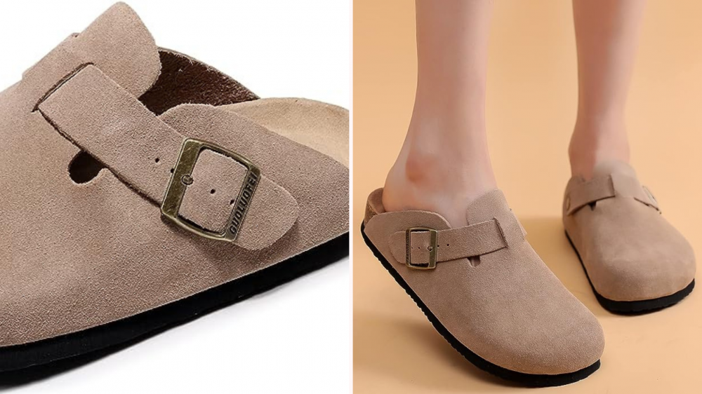 Women's tan suede slip-on clogs