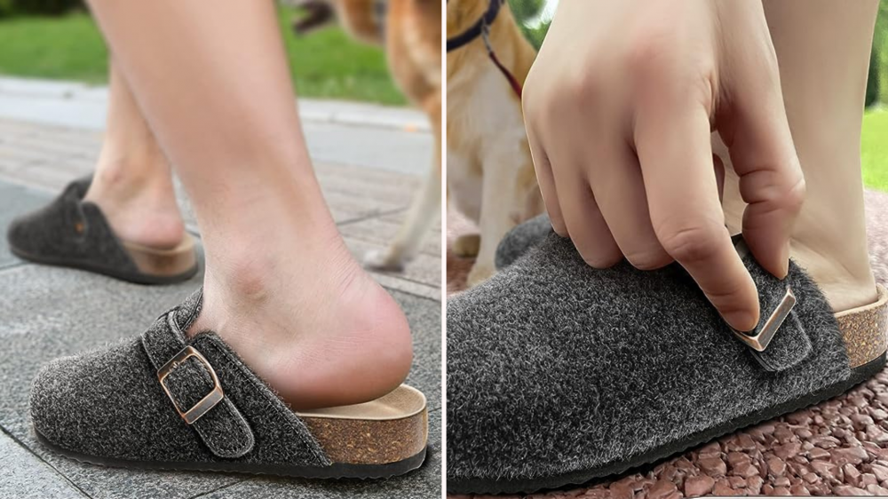 Person walking dog with gray felt clogs on