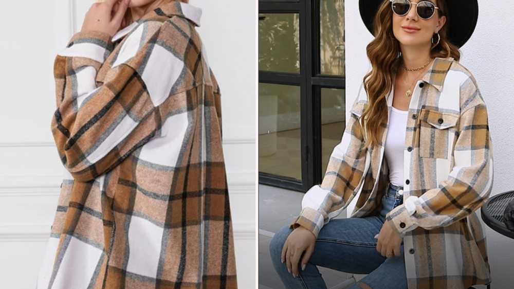 A woman models a camel, white, and black plaid shacket.