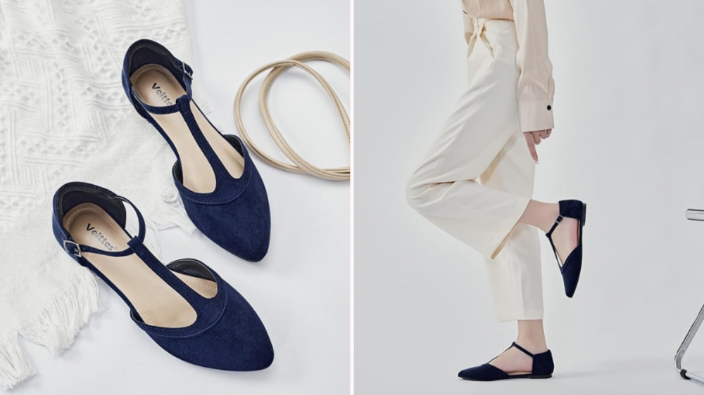 A model wears the Veittes ankle-strap ballet flats in dark blue.