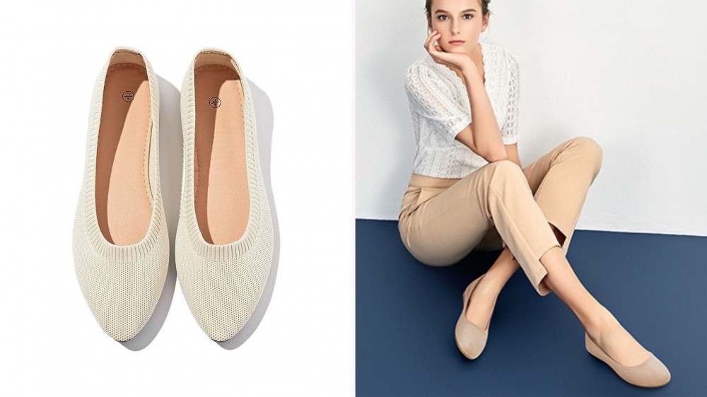 A woman models beige Shupua women's flats.