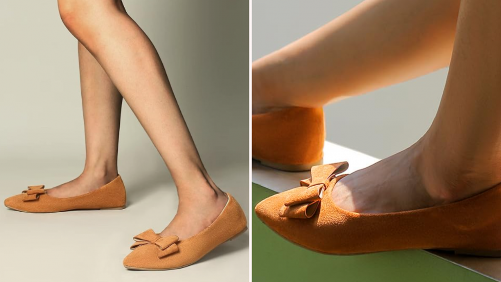 A model wears MUSSHOE ballet flats with a bow on the toe.