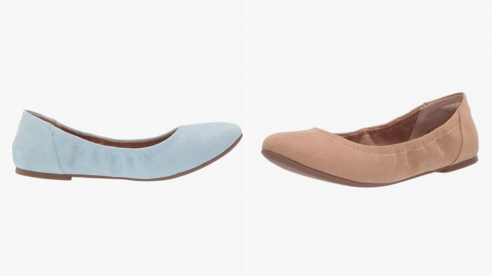 Two different color options of the velvet Amazon Essentials ballet flats.