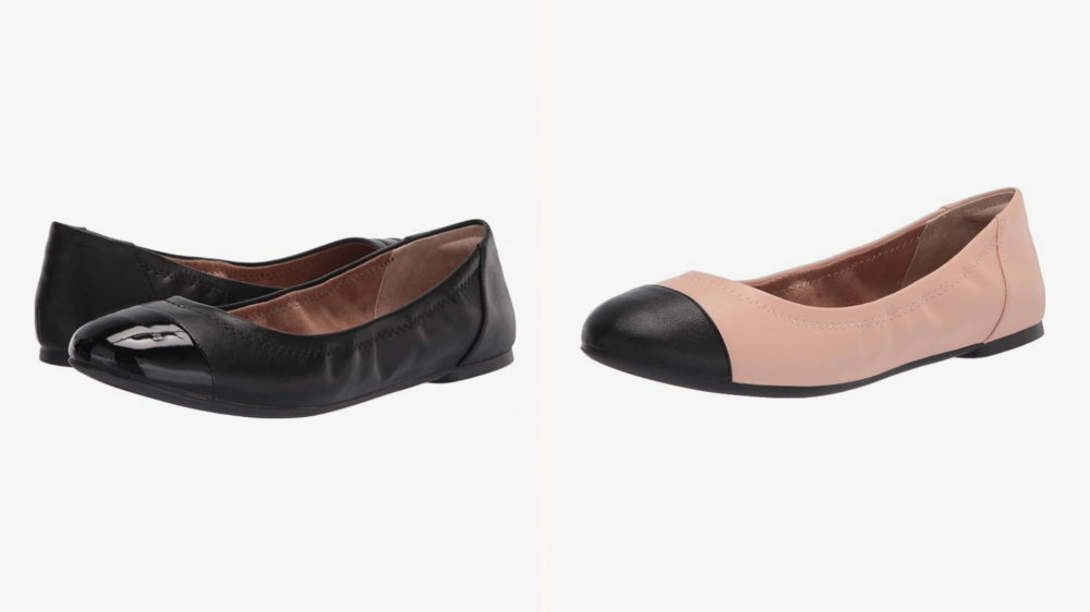 The Amazon Essentials cap toe ballet flat in black and tan.