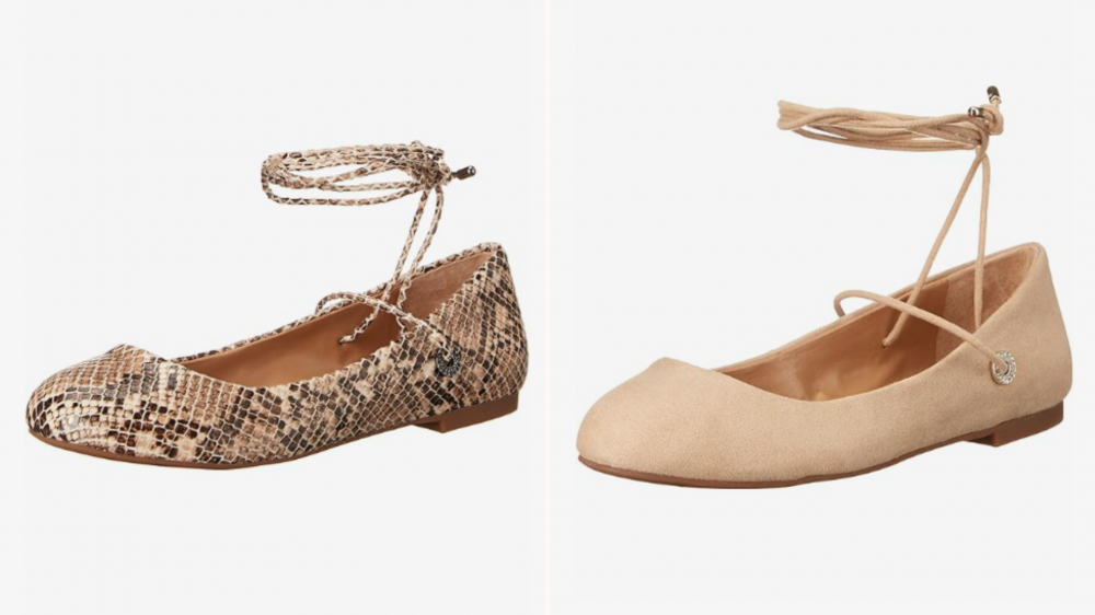 Two Jessica Simpson lace-up ballet flats, one cream and another in snake skin.